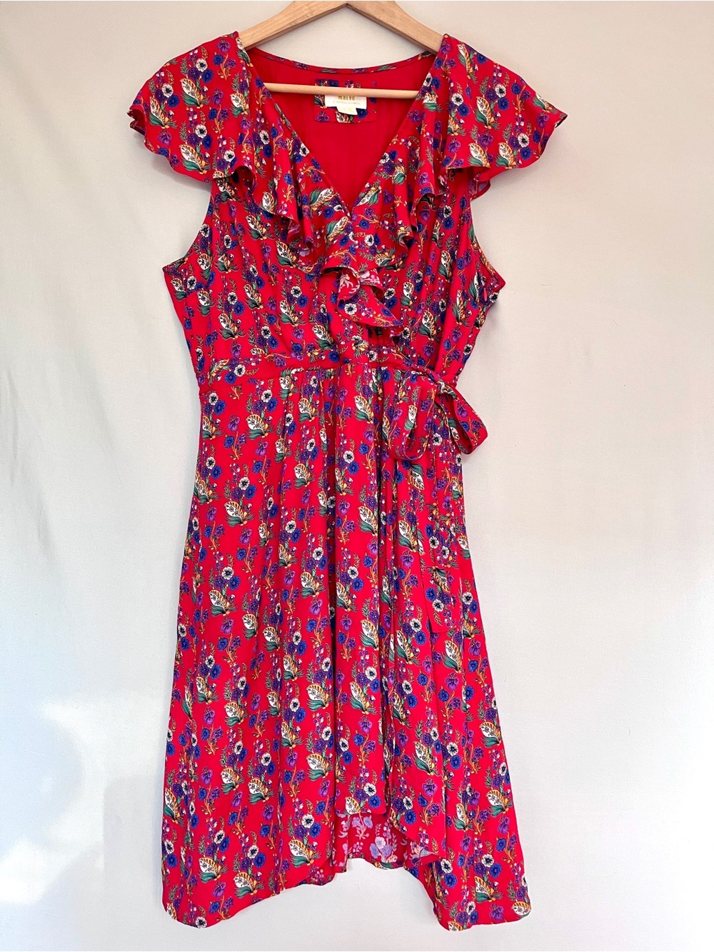 Maeve Anthropologie Rosalia Wrap Dress Red Floral Paisley Ruffle Boho Size 12